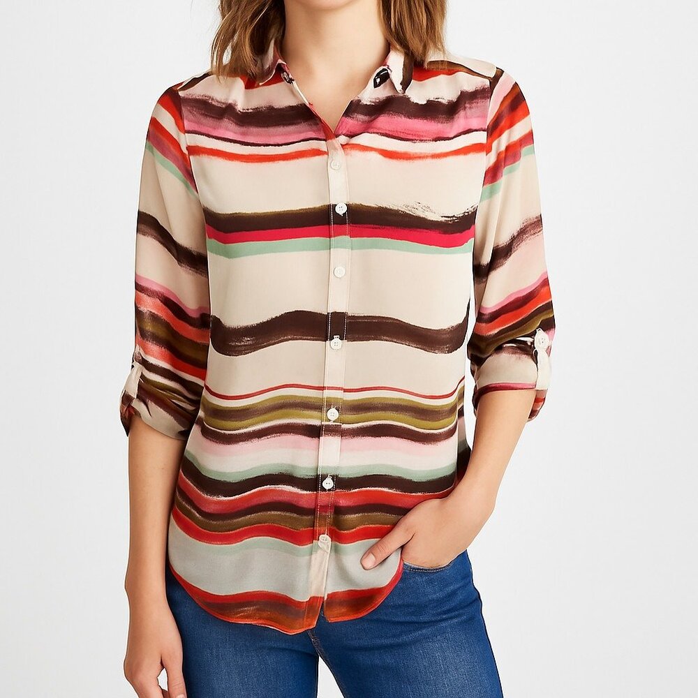 Bar III Womens M Multicolor Striped Button Front Long Sleeve Sheer Blouse Top